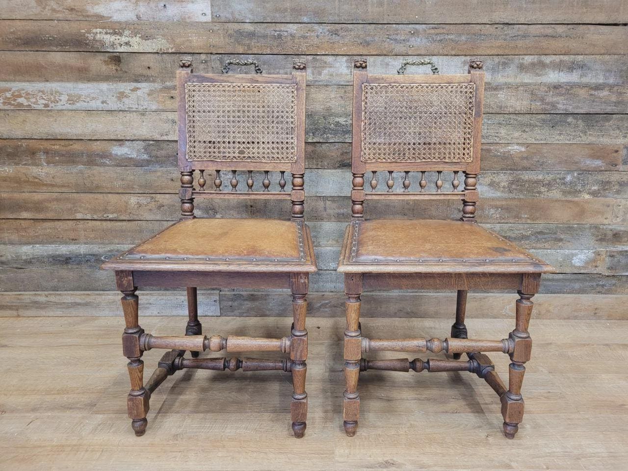 Pair Victorian Oak Dining Chairs Cane Back Leather Seats Carved