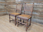 Pair Victorian Oak Dining Chairs Cane Back Leather Seats Carved