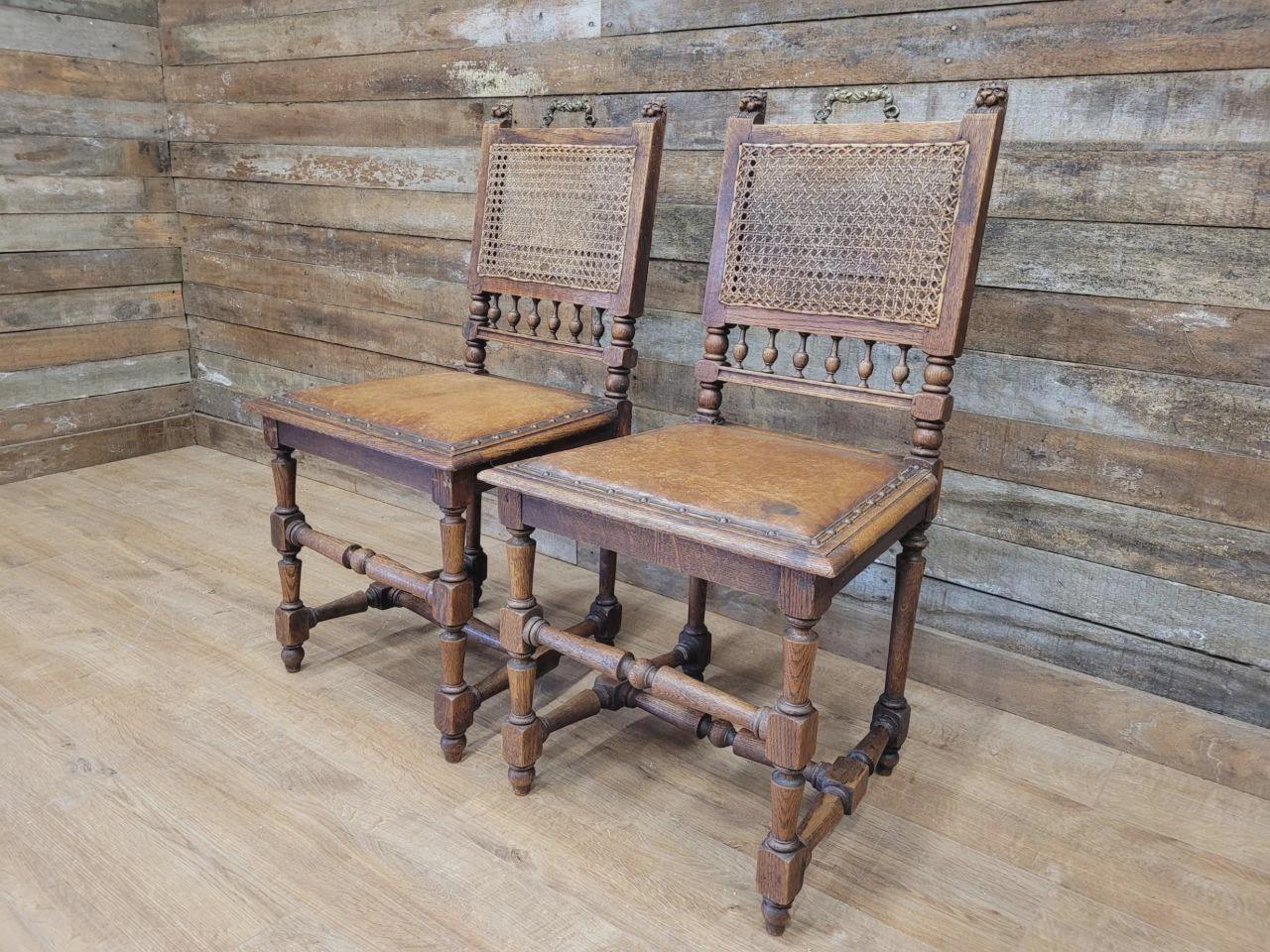 Pair Victorian Oak Dining Chairs Cane Back Leather Seats Carved