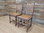 Pair Victorian Oak Dining Chairs Cane Back Leather Seats Carved