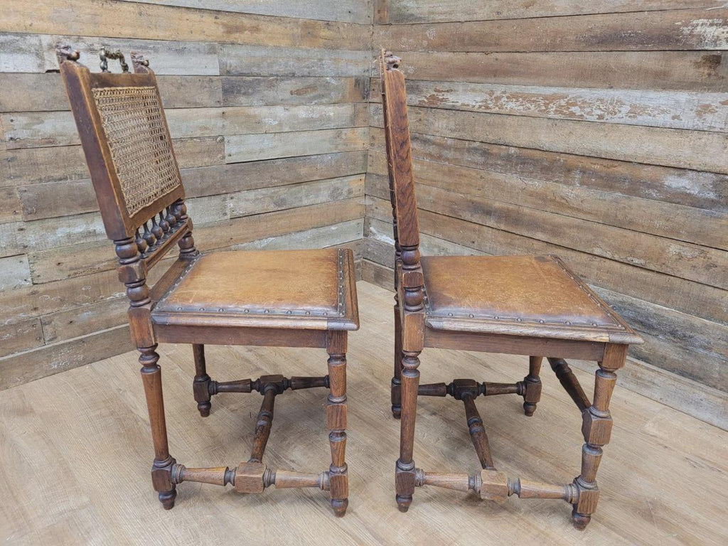 Pair Victorian Oak Dining Chairs Cane Back Leather Seats Carved