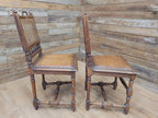 Pair Victorian Oak Dining Chairs Cane Back Leather Seats Carved