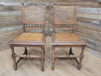 Pair Victorian Oak Dining Chairs Cane Back Leather Seats Carved