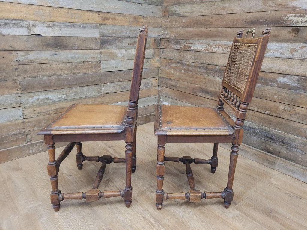 Pair Victorian Oak Dining Chairs Cane Back Leather Seats Carved