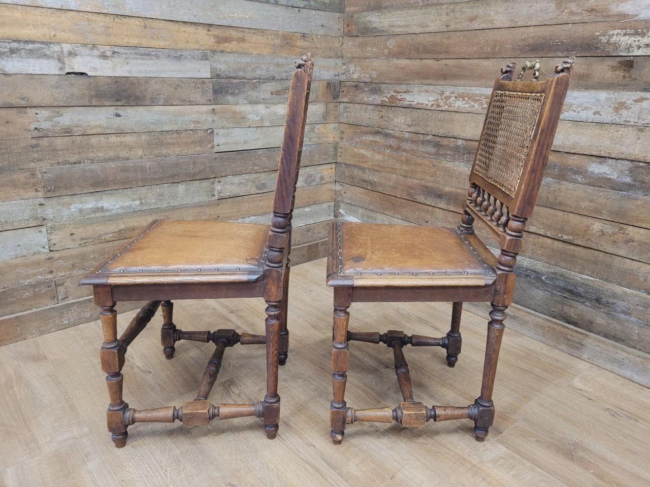 Pair Victorian Oak Dining Chairs Cane Back Leather Seats Carved
