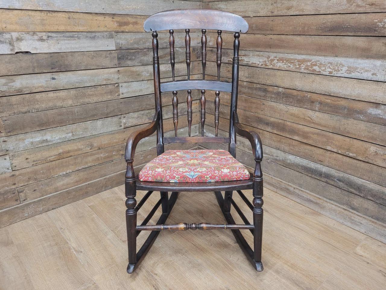 Victorian Oak Spindle Back Rocking Armchair William Morris Upholstered Seat