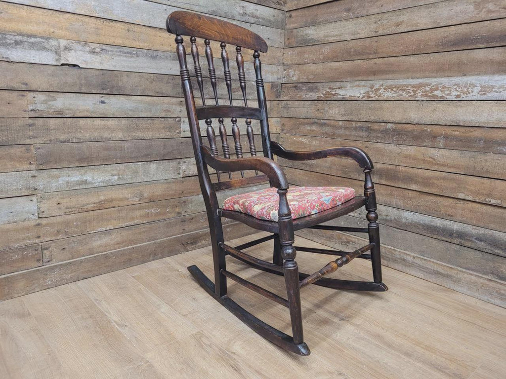 Victorian Oak Spindle Back Rocking Armchair William Morris Upholstered Seat
