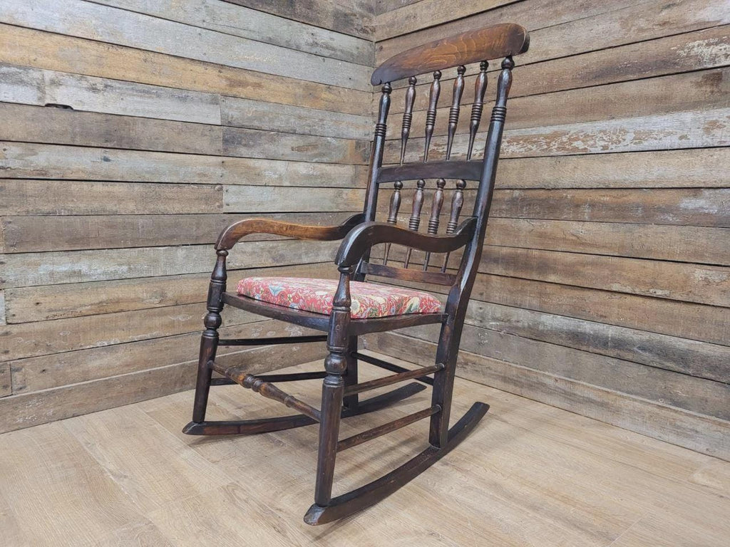 Victorian Oak Spindle Back Rocking Armchair William Morris Upholstered Seat