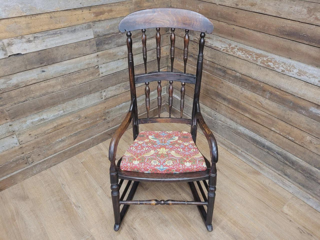 Victorian Oak Spindle Back Rocking Armchair William Morris Upholstered Seat