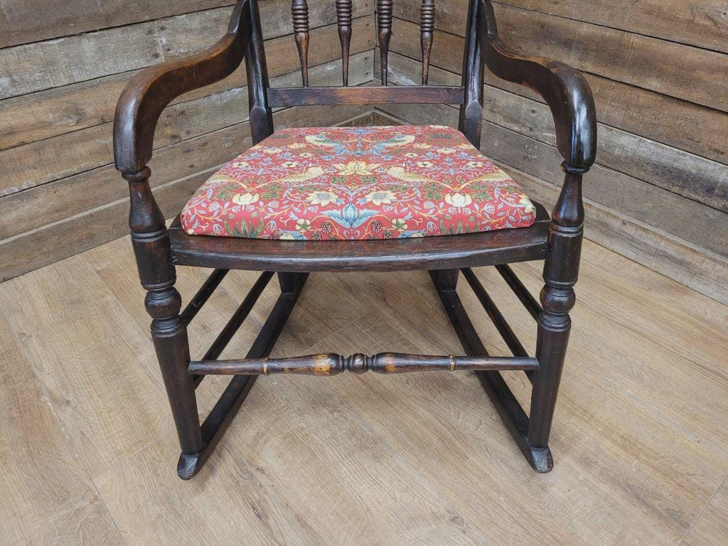 Victorian Oak Spindle Back Rocking Armchair William Morris Upholstered Seat