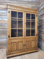 Jacobean Style Oak Bookcase Cabinet Glazed Doors Carved Panels Full Of Old Charm