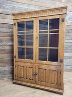 Jacobean Style Oak Bookcase Cabinet Glazed Doors Carved Panels Full Of Old Charm