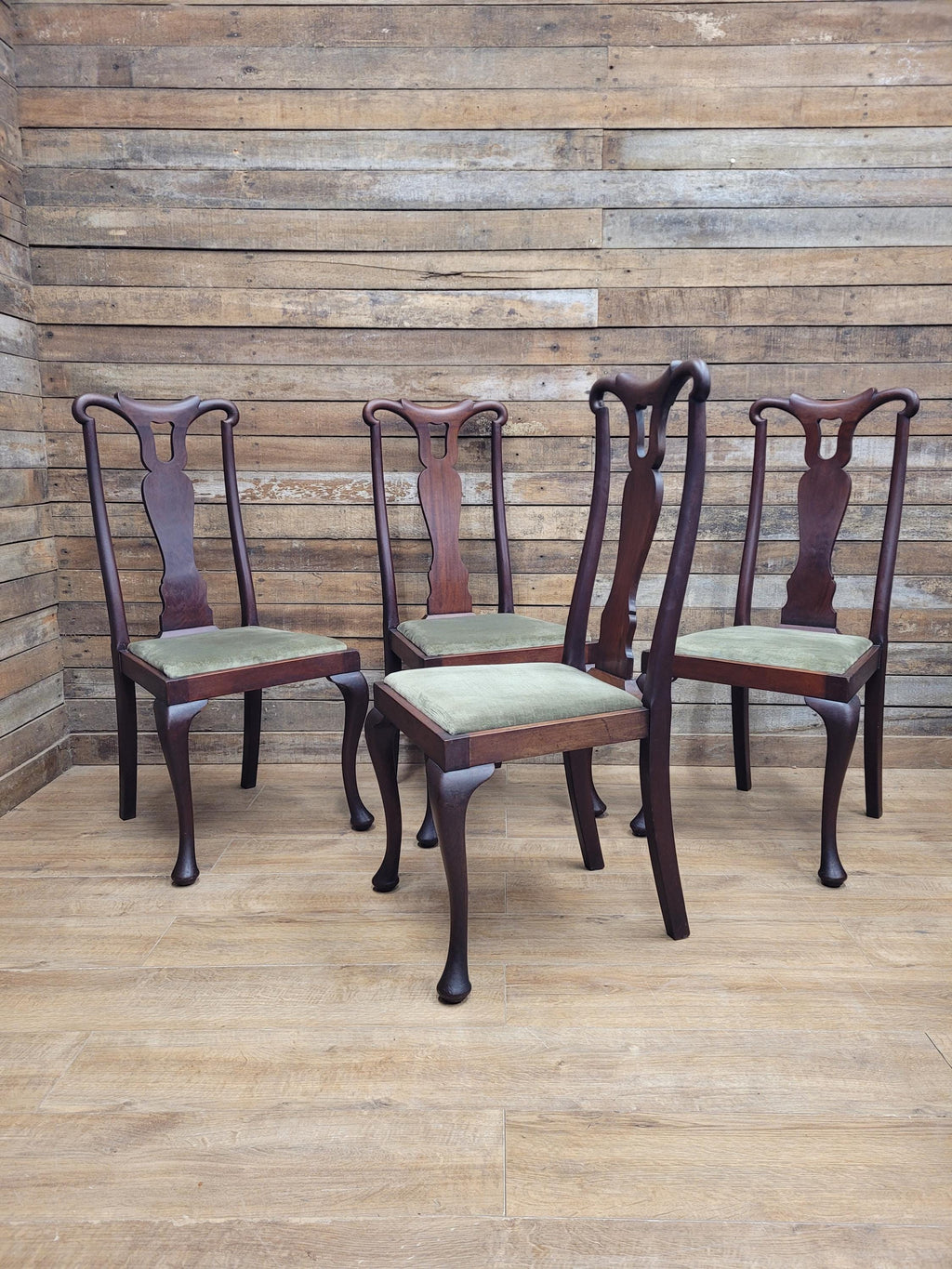 Set Four Mahogany Queen Anne Style Dining Chairs Cabriole Legs