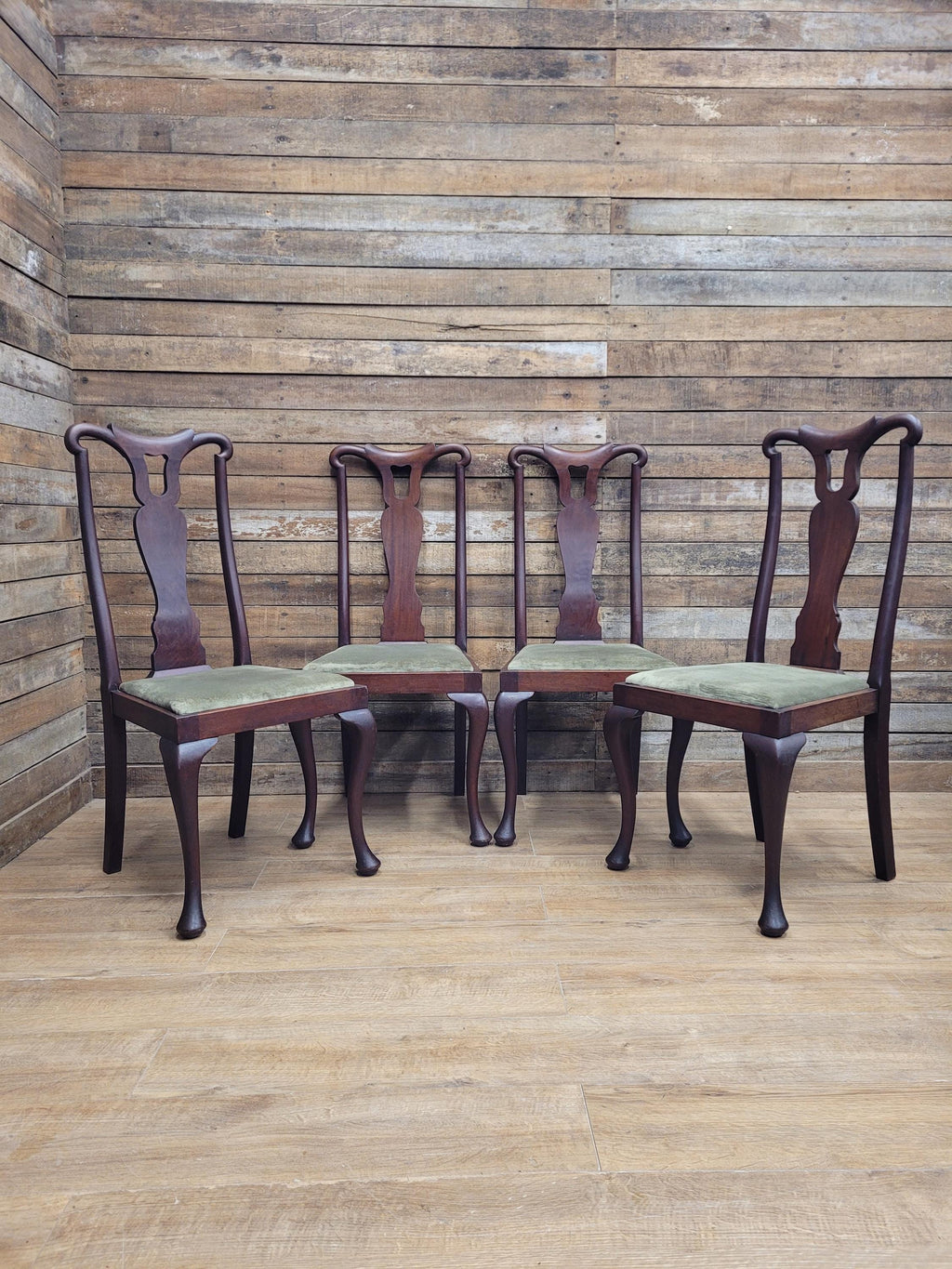 Set Four Mahogany Queen Anne Style Dining Chairs Cabriole Legs