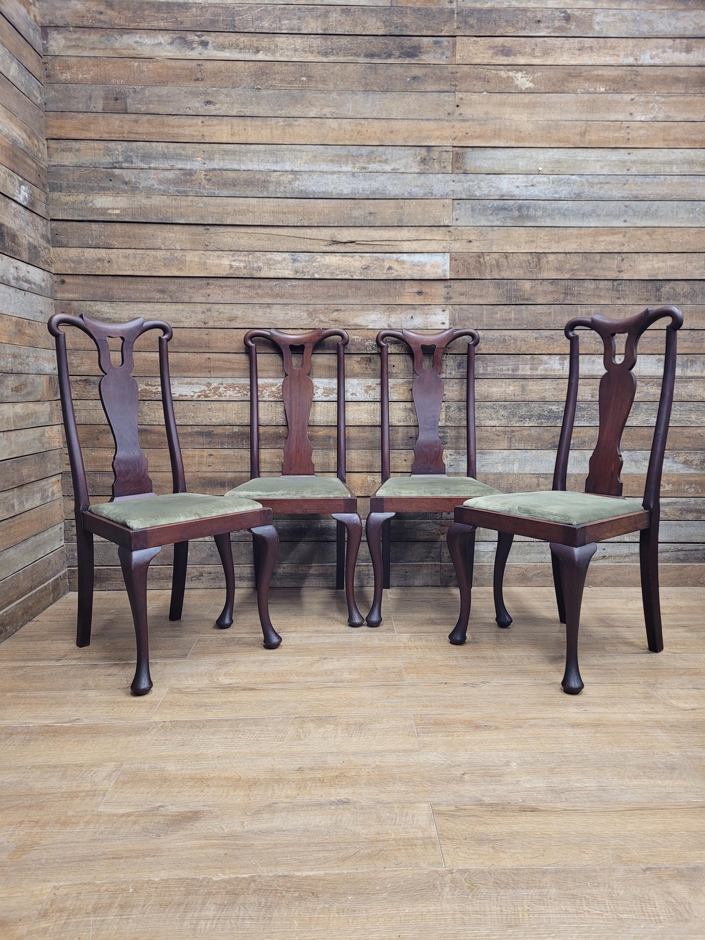 Set Four Mahogany Queen Anne Style Dining Chairs Cabriole Legs