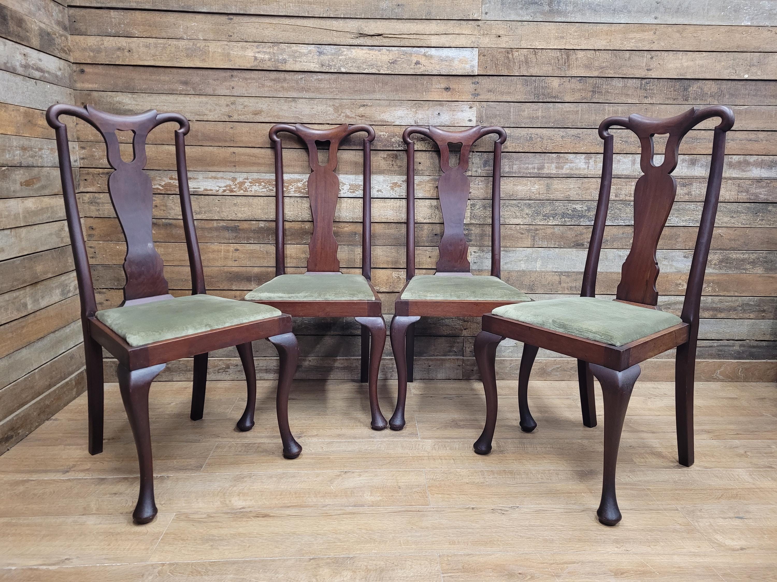 Set Four Mahogany Queen Anne Style Dining Chairs Cabriole Legs