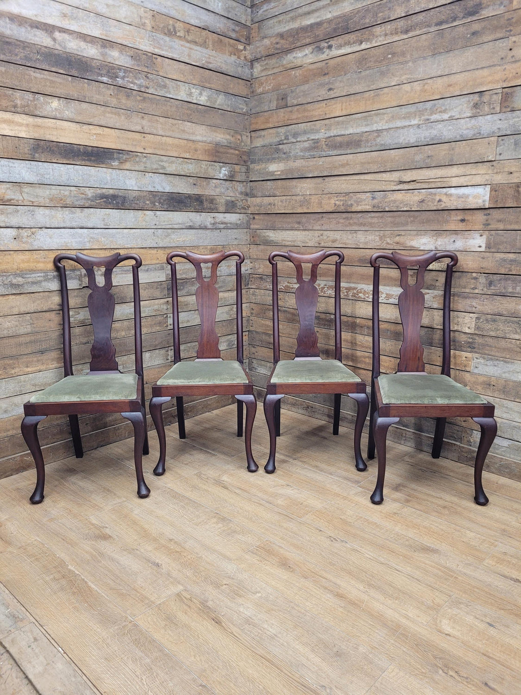 Set Four Mahogany Queen Anne Style Dining Chairs Cabriole Legs