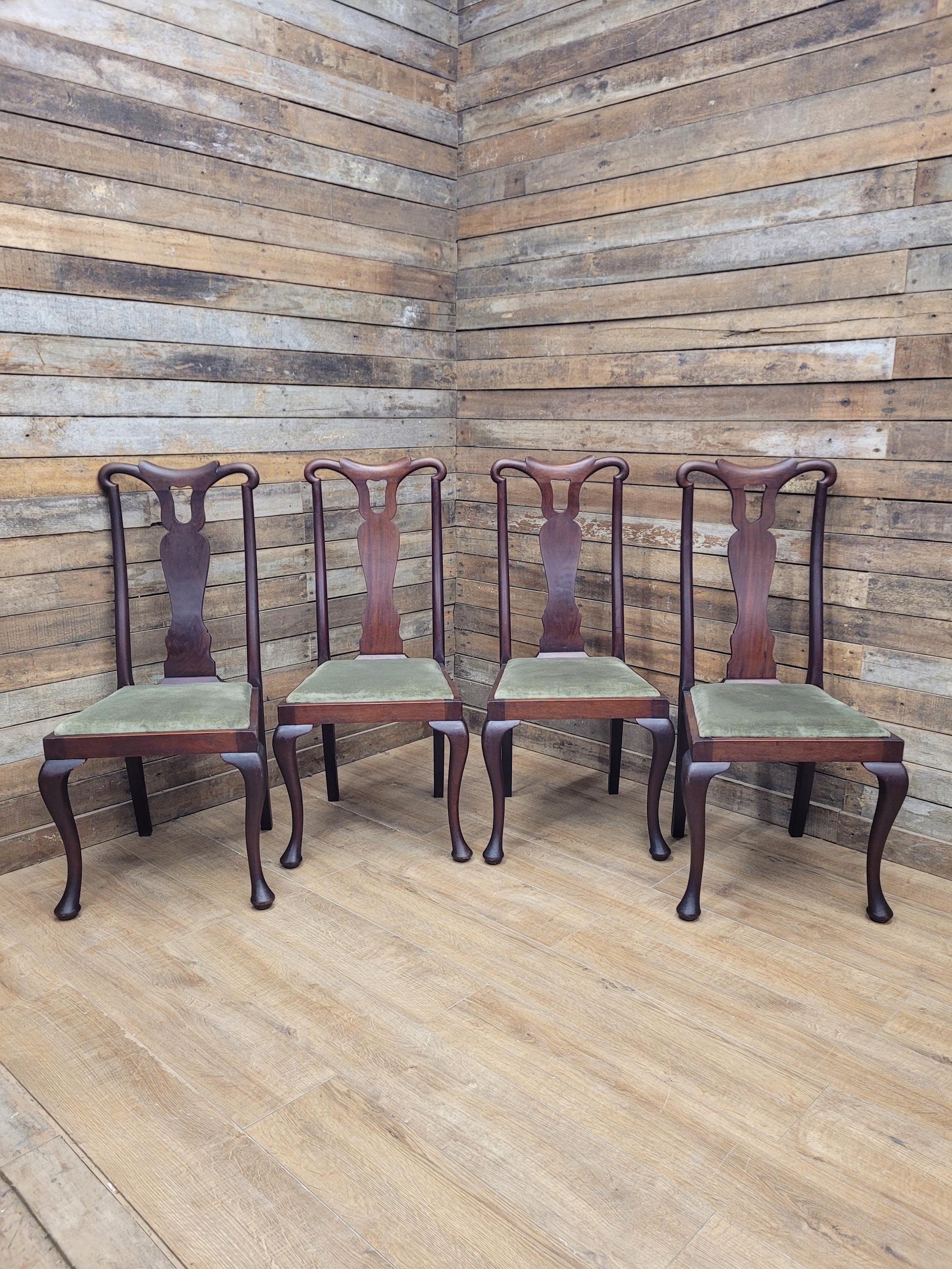 Set Four Mahogany Queen Anne Style Dining Chairs Cabriole Legs