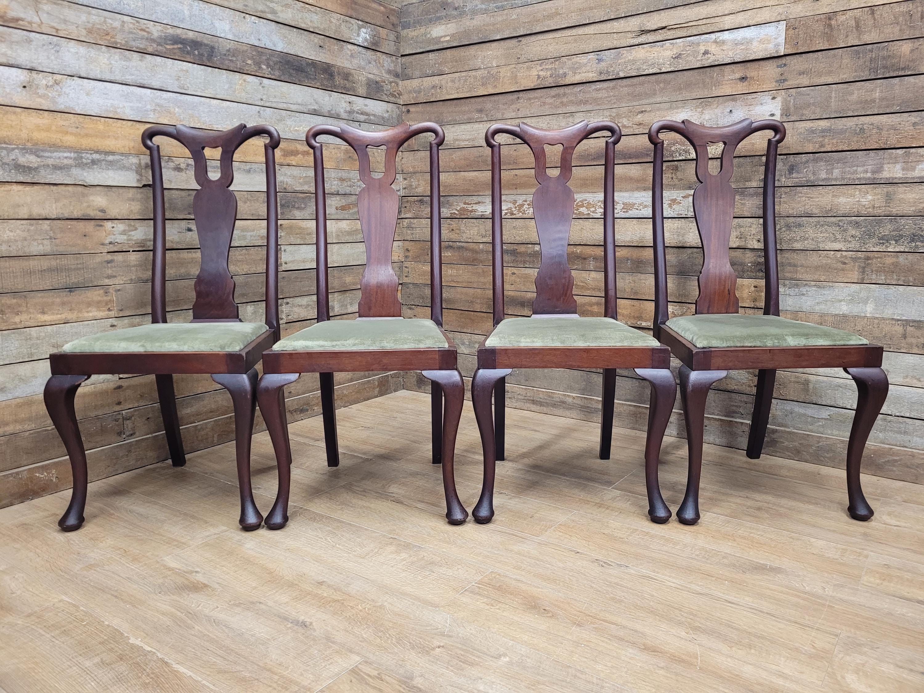 Set Four Mahogany Queen Anne Style Dining Chairs Cabriole Legs