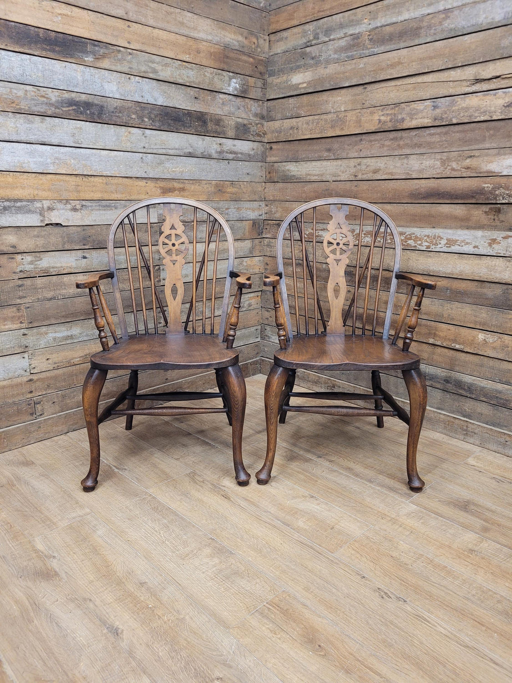 Pair Victorian Elm Windsor Armchairs Cabriole Legs Farmhouse C19th Antique