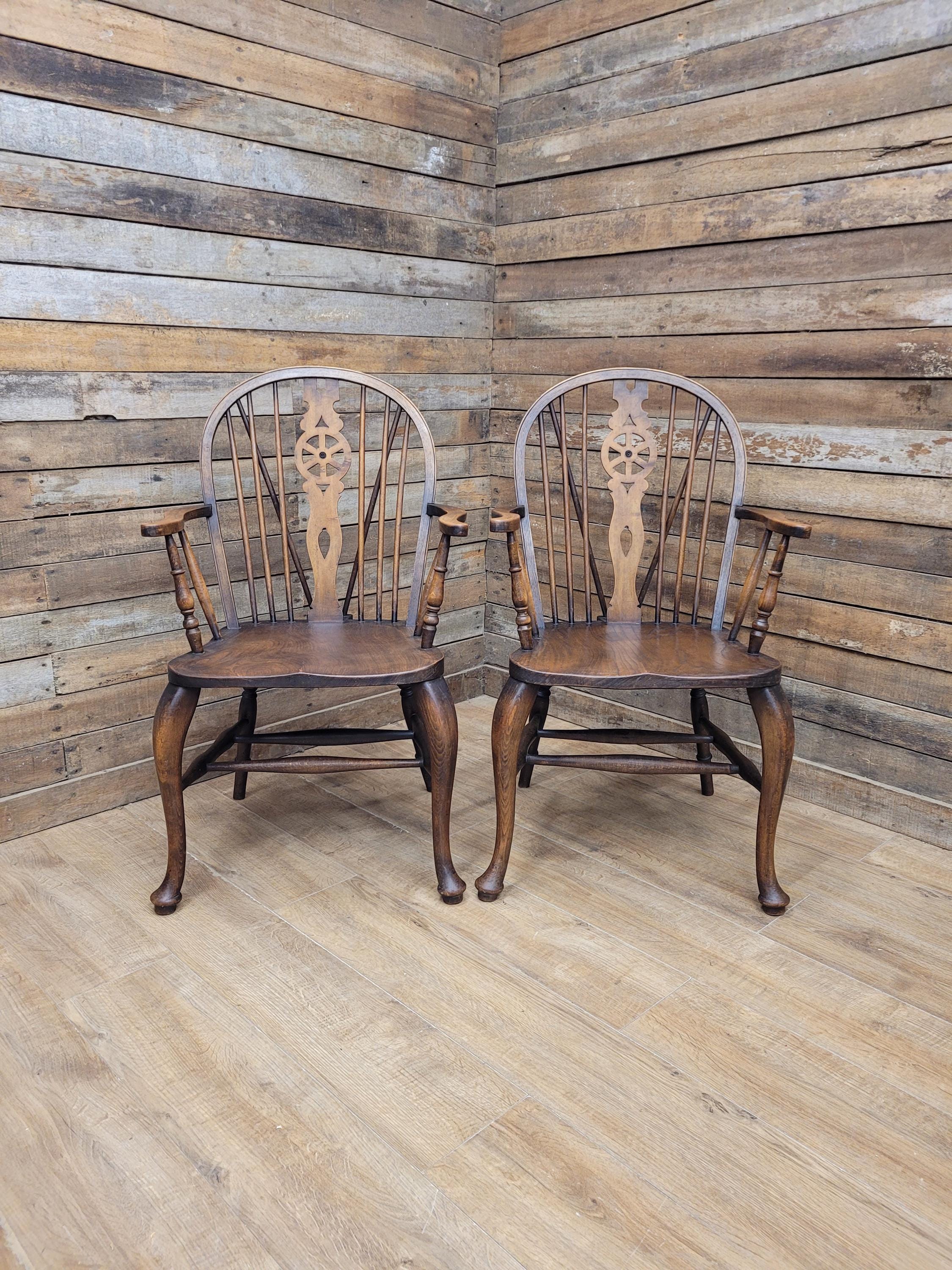 Pair Victorian Elm Windsor Armchairs Cabriole Legs Farmhouse C19th Antique
