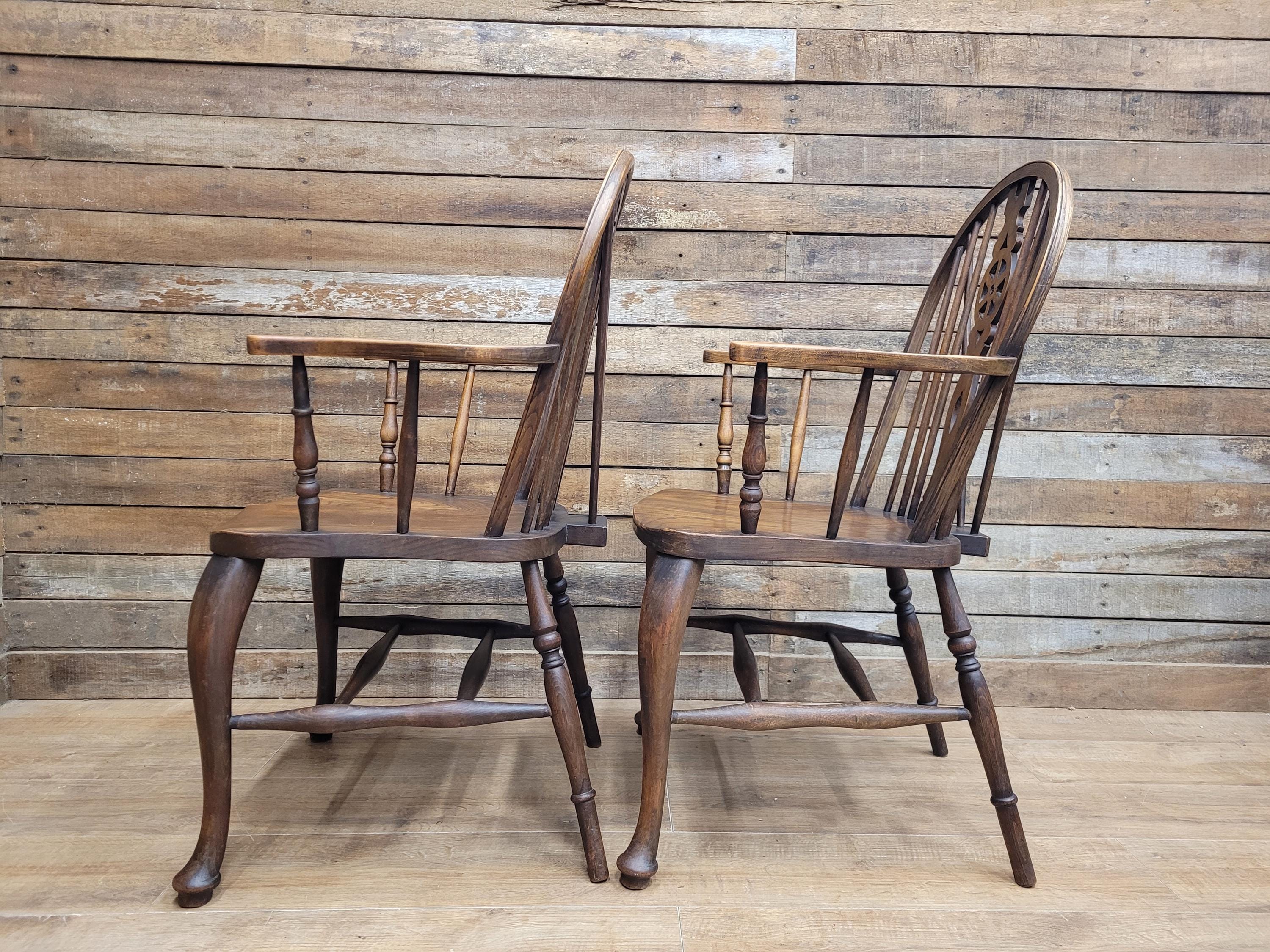 Pair Victorian Elm Windsor Armchairs Cabriole Legs Farmhouse C19th Antique