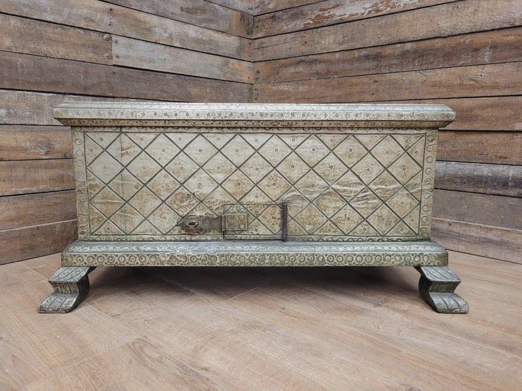 Indian Brass Clad Dowry Chest Coffee Table Storage Trunk