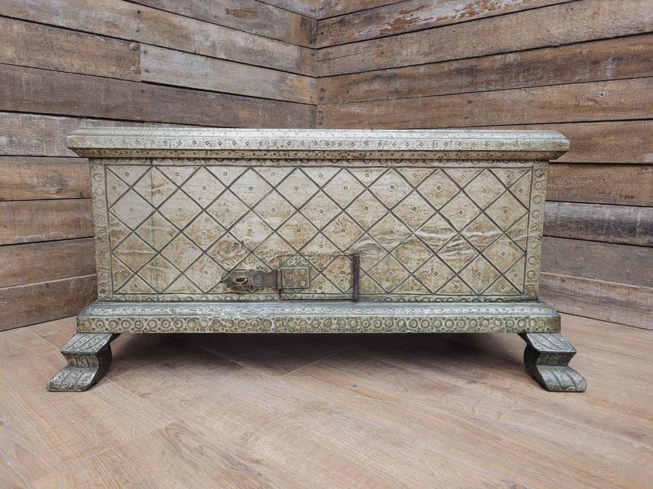 Indian Brass Clad Dowry Chest Coffee Table Storage Trunk