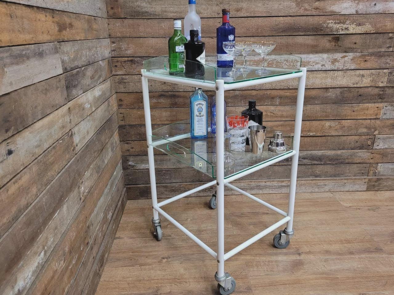 Mid Century Medical Trolley White Tubular Plastic Shelves Drinks Trolley