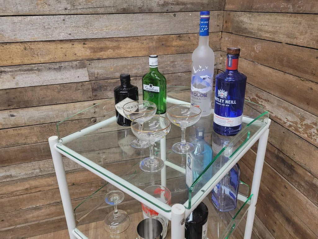 Mid Century Medical Trolley White Tubular Plastic Shelves Drinks Trolley
