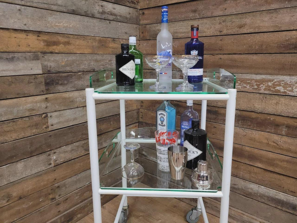 Mid Century Medical Trolley White Tubular Plastic Shelves Drinks Trolley