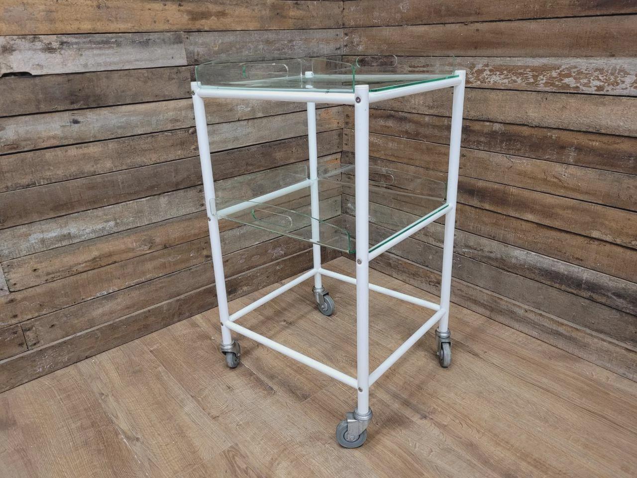 Mid Century Medical Trolley White Tubular Plastic Shelves Drinks Trolley