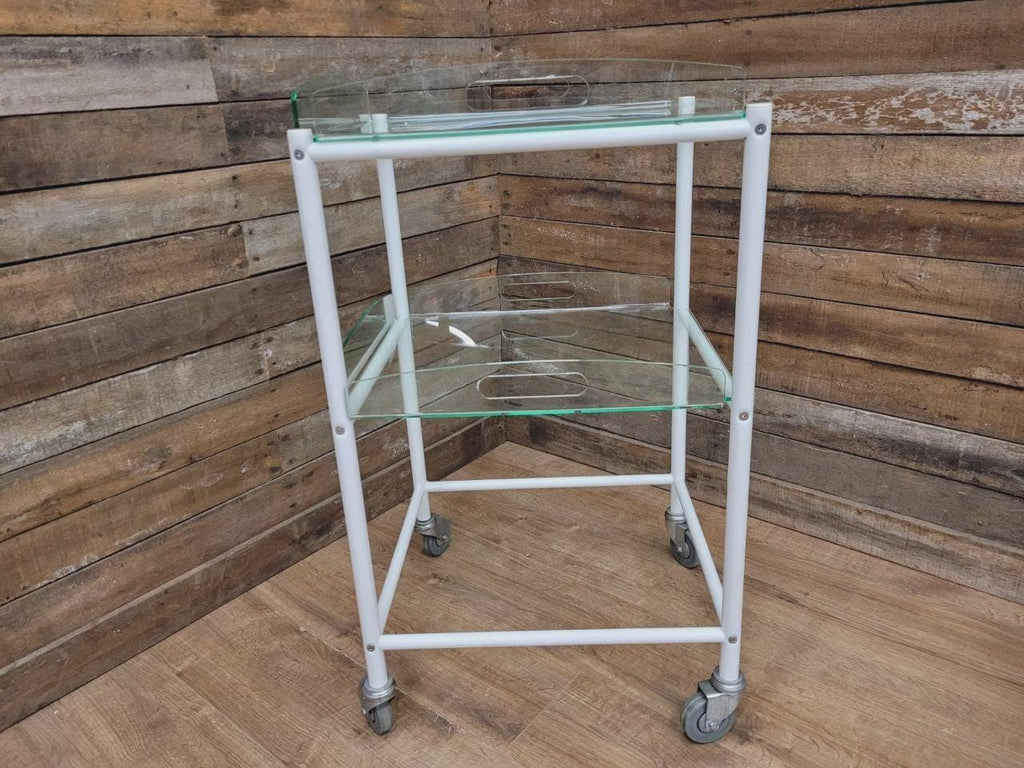 Mid Century Medical Trolley White Tubular Plastic Shelves Drinks Trolley