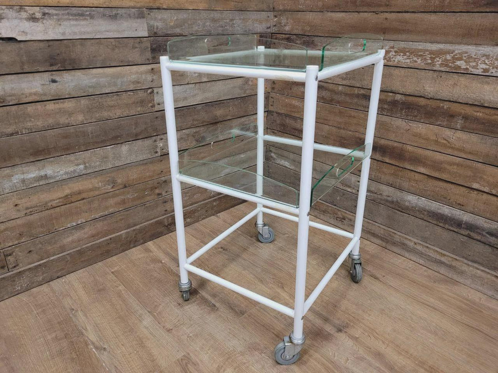 Mid Century Medical Trolley White Tubular Plastic Shelves Drinks Trolley