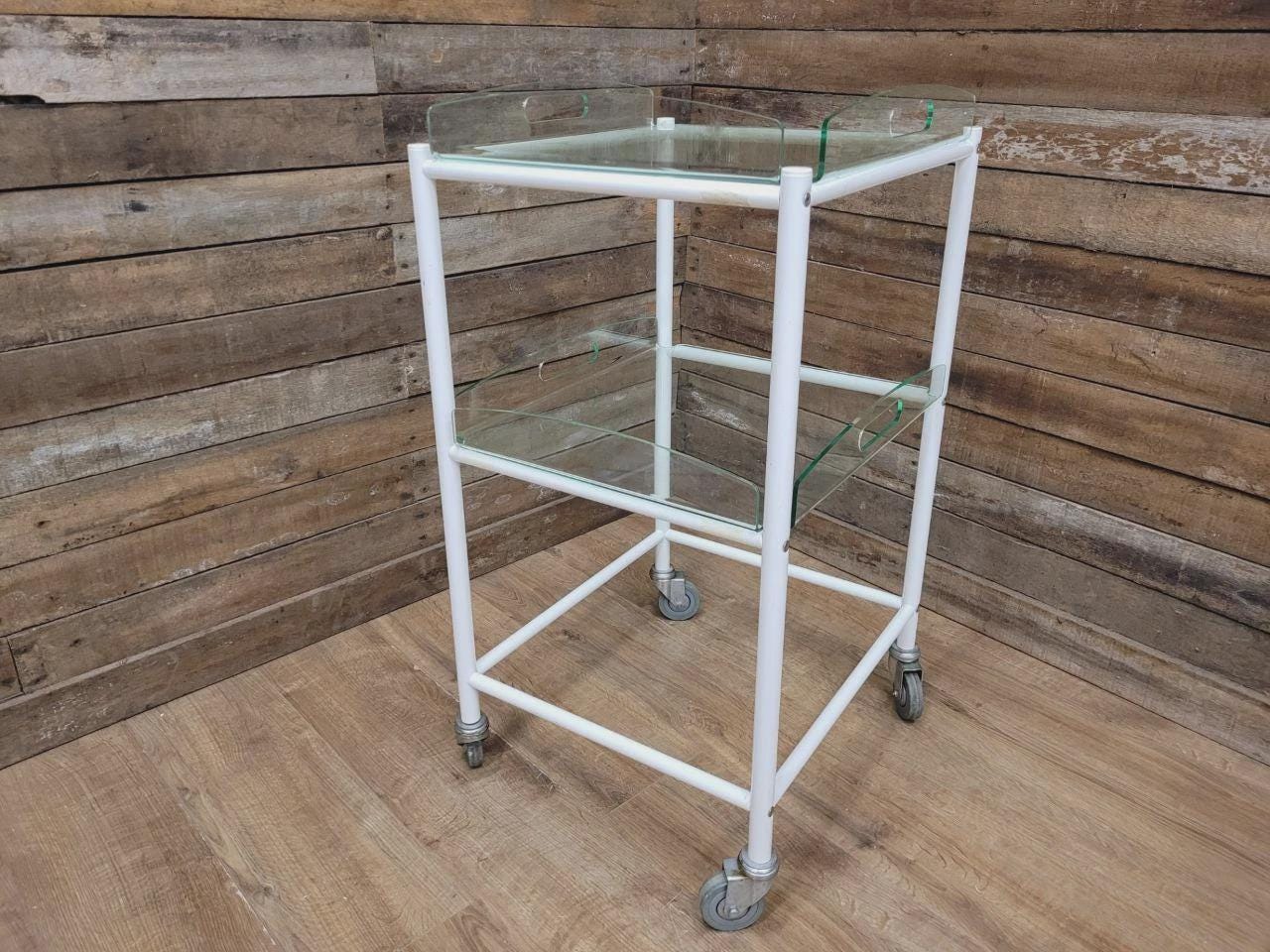 Mid Century Medical Trolley White Tubular Plastic Shelves Drinks Trolley