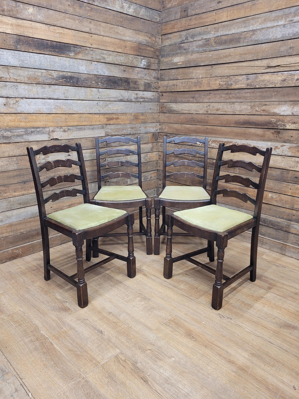 Four Rustic Ladder Back Dining Chairs Upholstered Seats