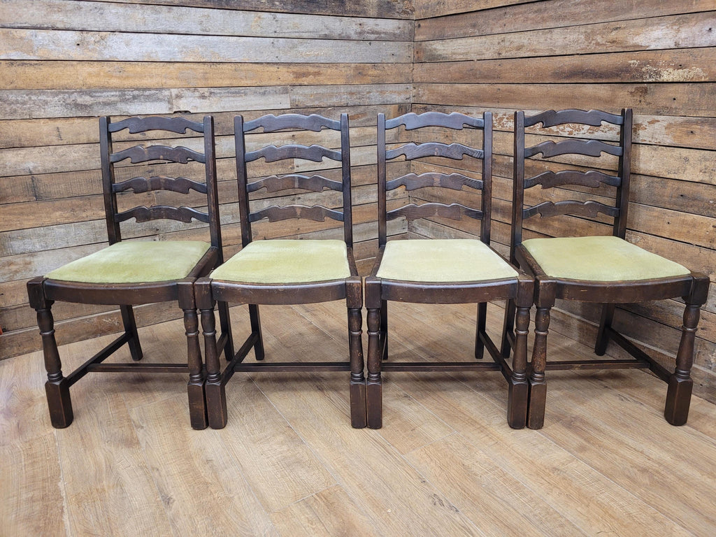 Four Rustic Ladder Back Dining Chairs Upholstered Seats