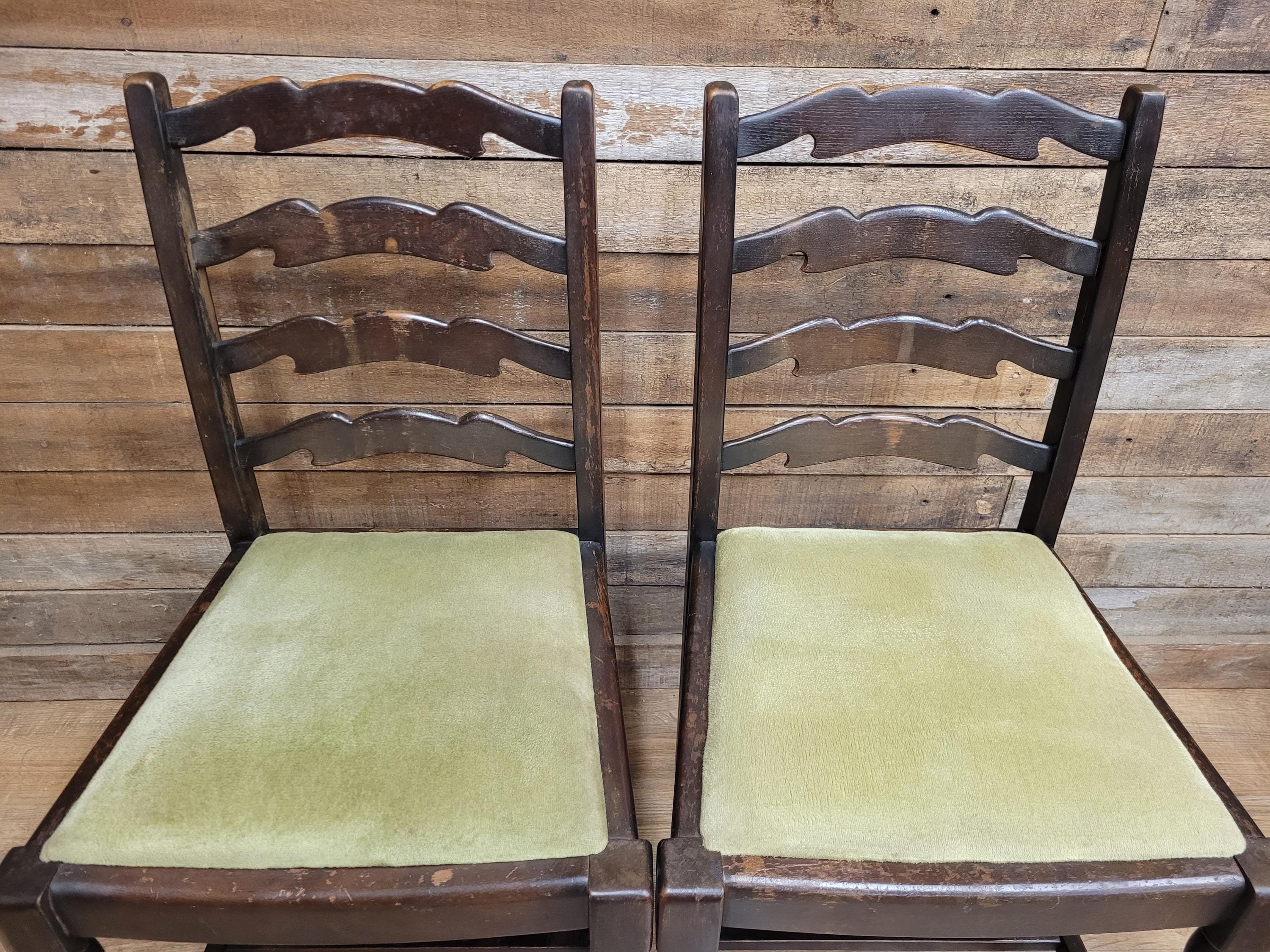 Four Rustic Ladder Back Dining Chairs Upholstered Seats