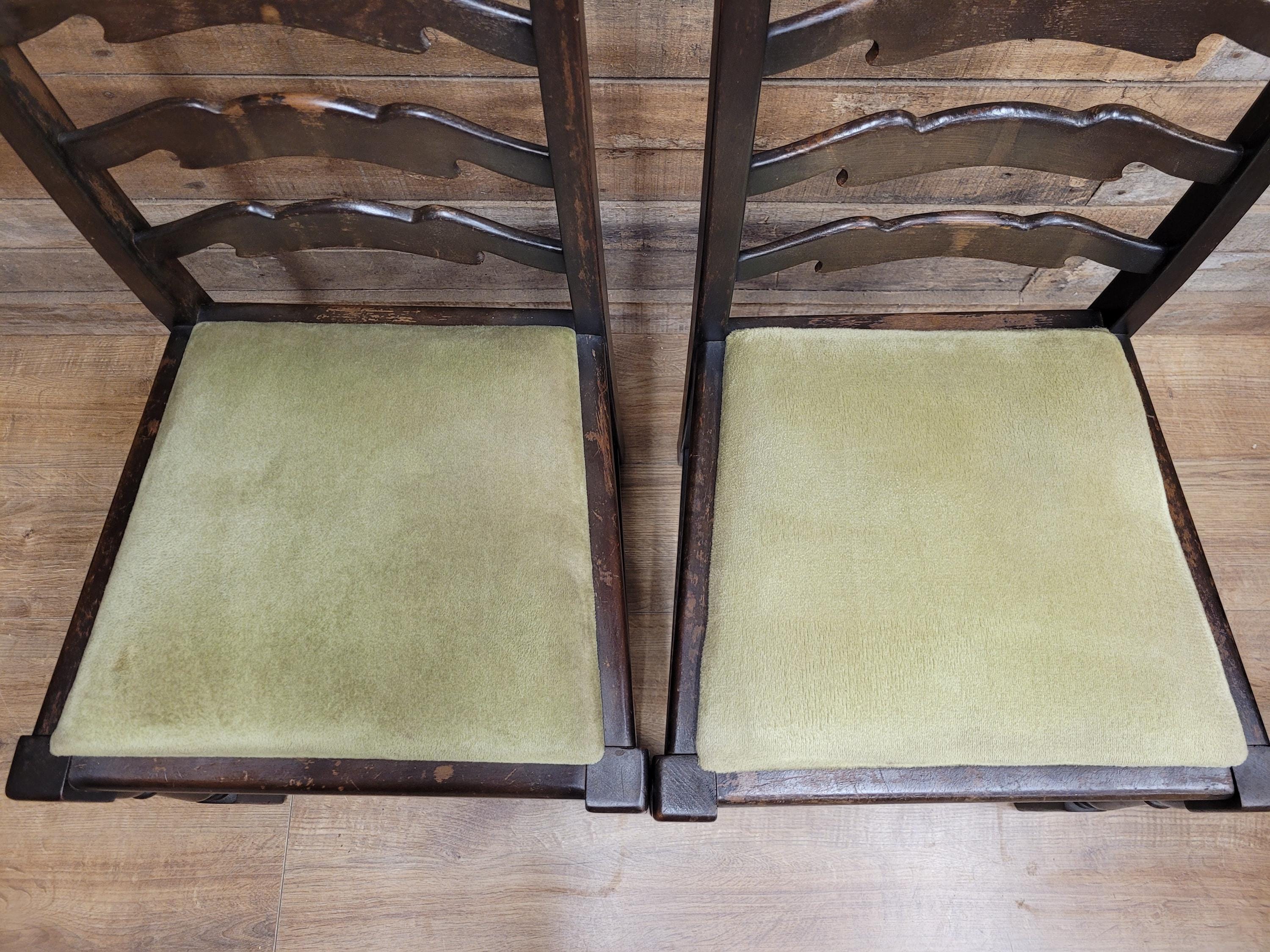 Four Rustic Ladder Back Dining Chairs Upholstered Seats