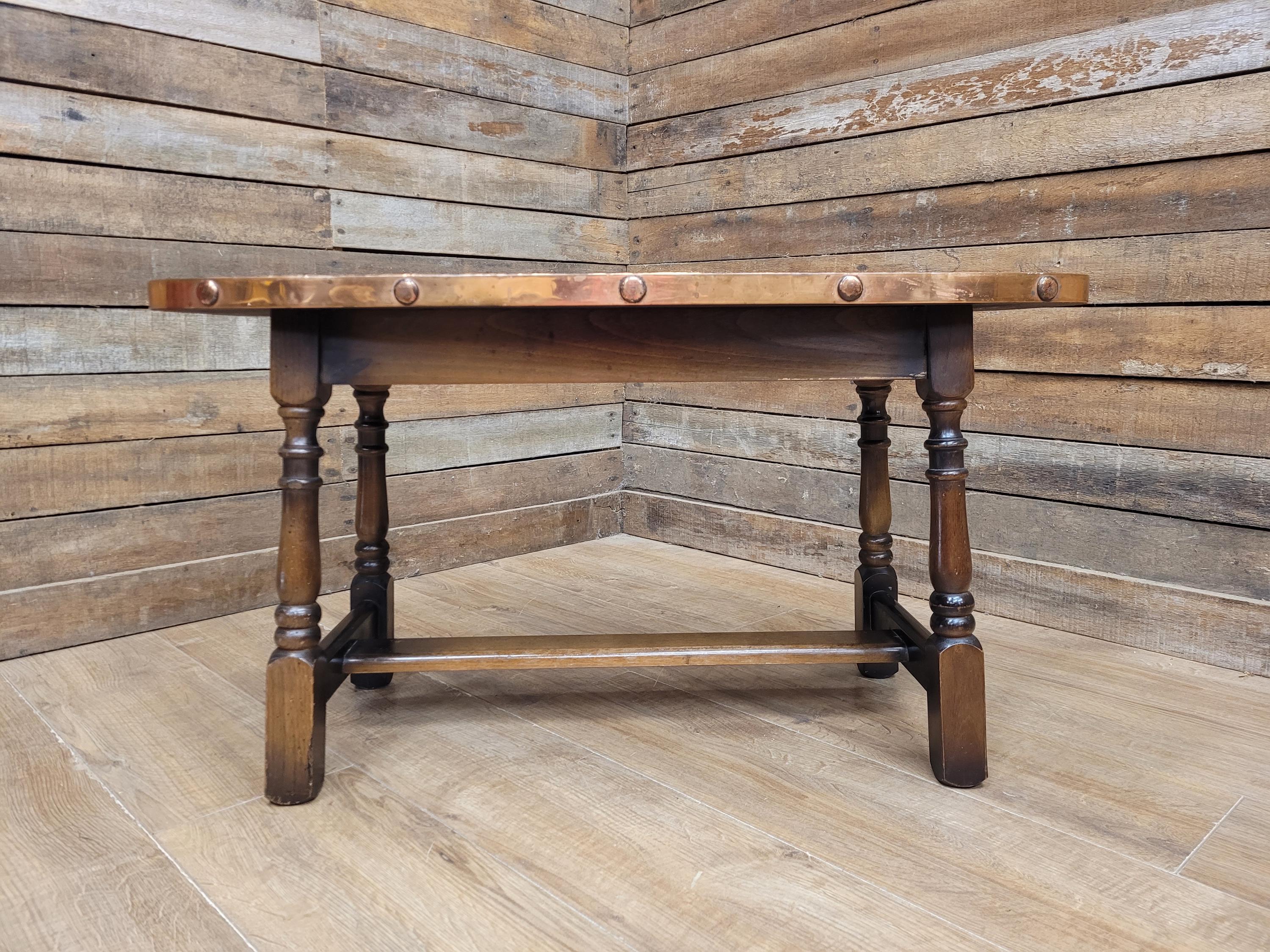 Arts And Crafts Style Copper Top Coffee Table Turned Oak Base