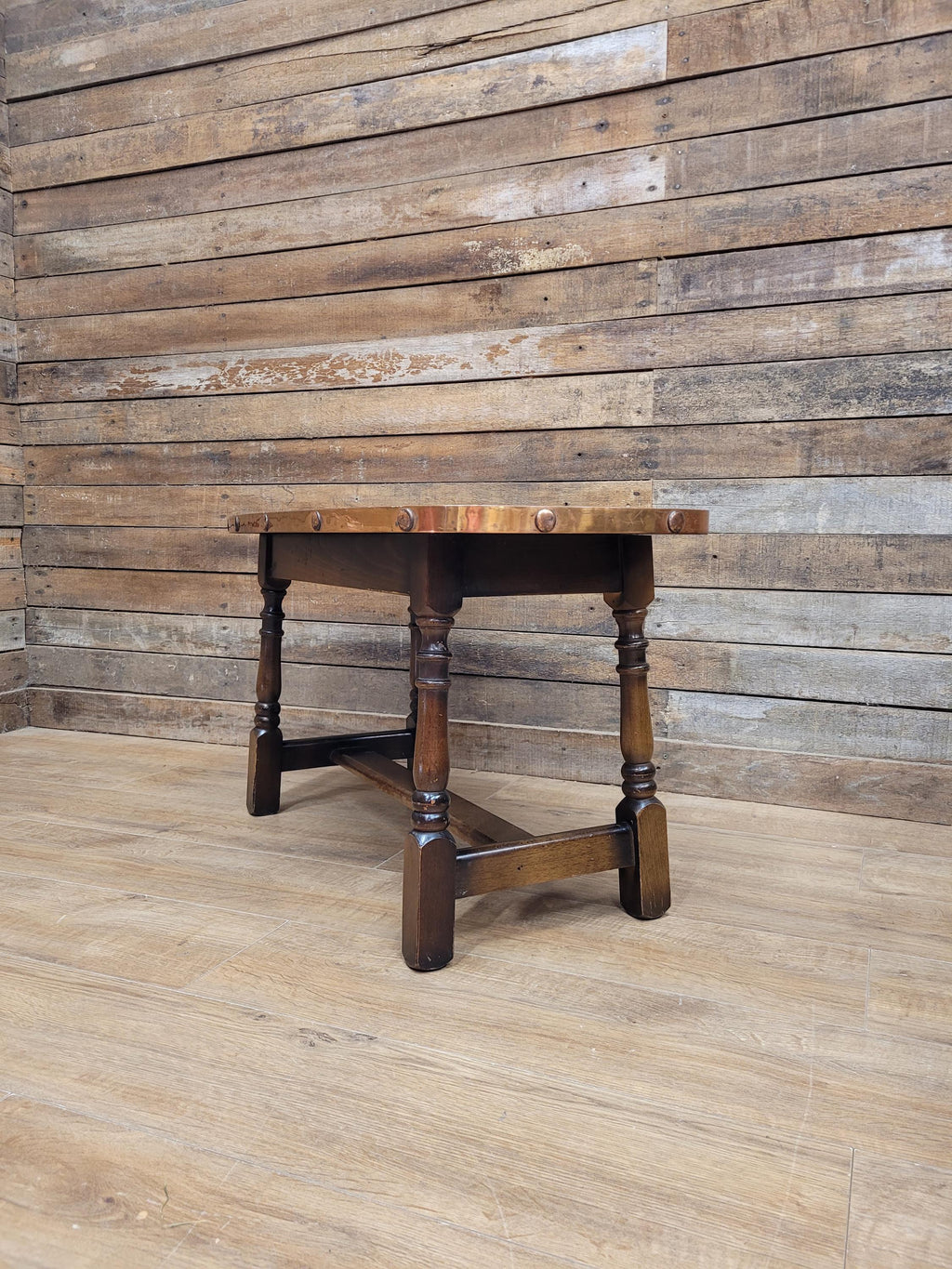 Arts And Crafts Style Copper Top Coffee Table Turned Oak Base