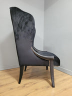 Black Velvet Wingback Armchair Scrolled Arms Chrome Studs Stylish Upholstered