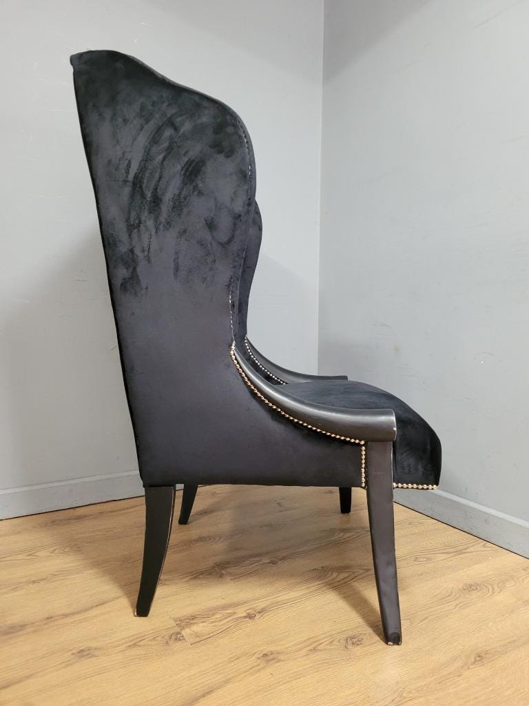 Black Velvet Wingback Armchair Scrolled Arms Chrome Studs Stylish Upholstered