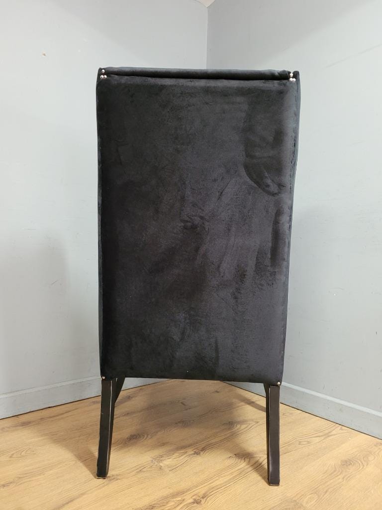 Black Velvet Wingback Armchair Scrolled Arms Chrome Studs Stylish Upholstered