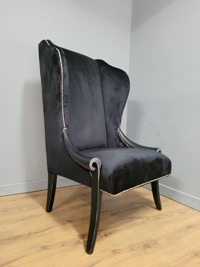 Black Velvet Wingback Armchair Scrolled Arms Chrome Studs Stylish Upholstered