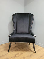 Black Velvet Wingback Armchair Scrolled Arms Chrome Studs Stylish Upholstered