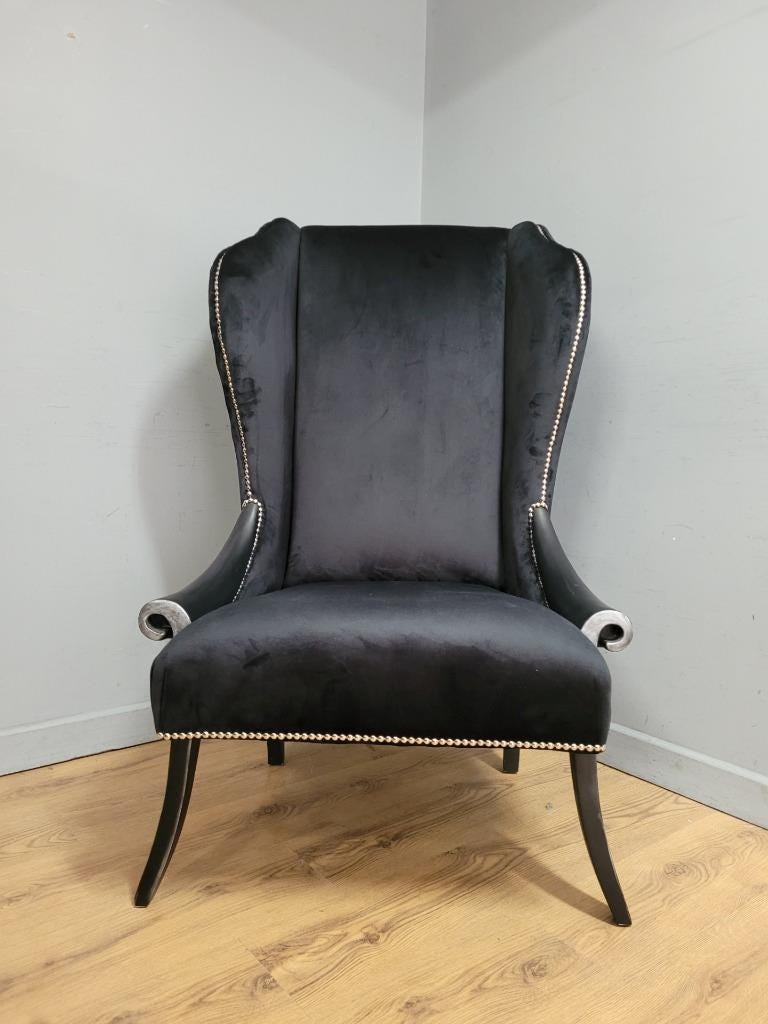 Black Velvet Wingback Armchair Scrolled Arms Chrome Studs Stylish Upholstered