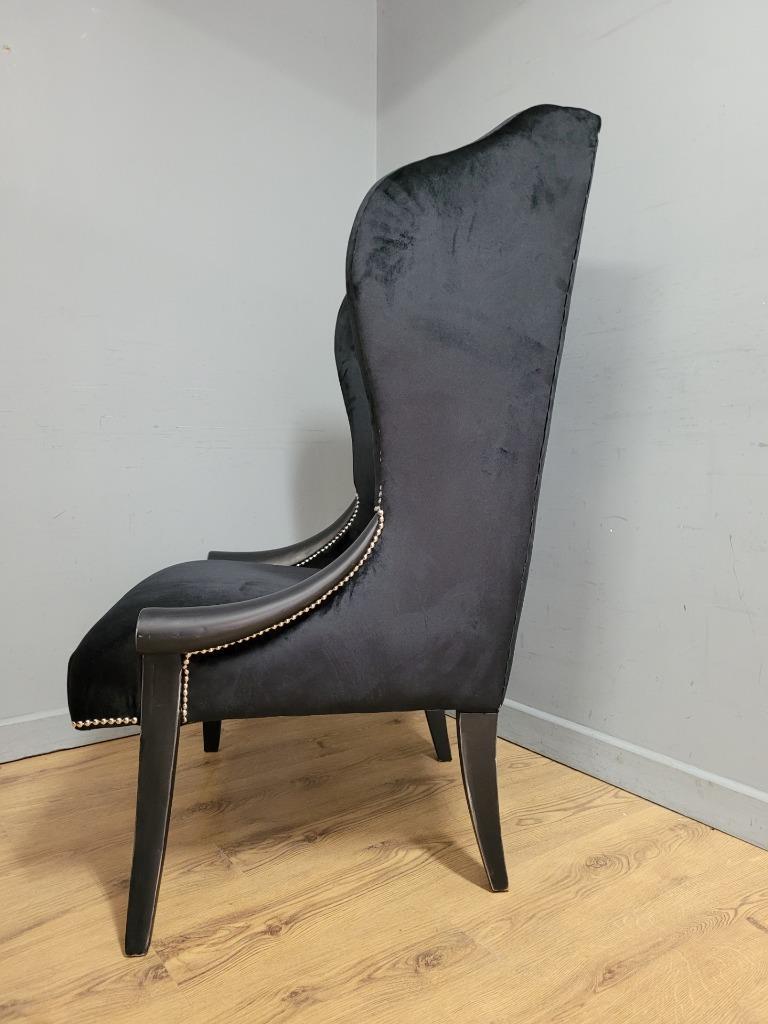 Black Velvet Wingback Armchair Scrolled Arms Chrome Studs Stylish Upholstered