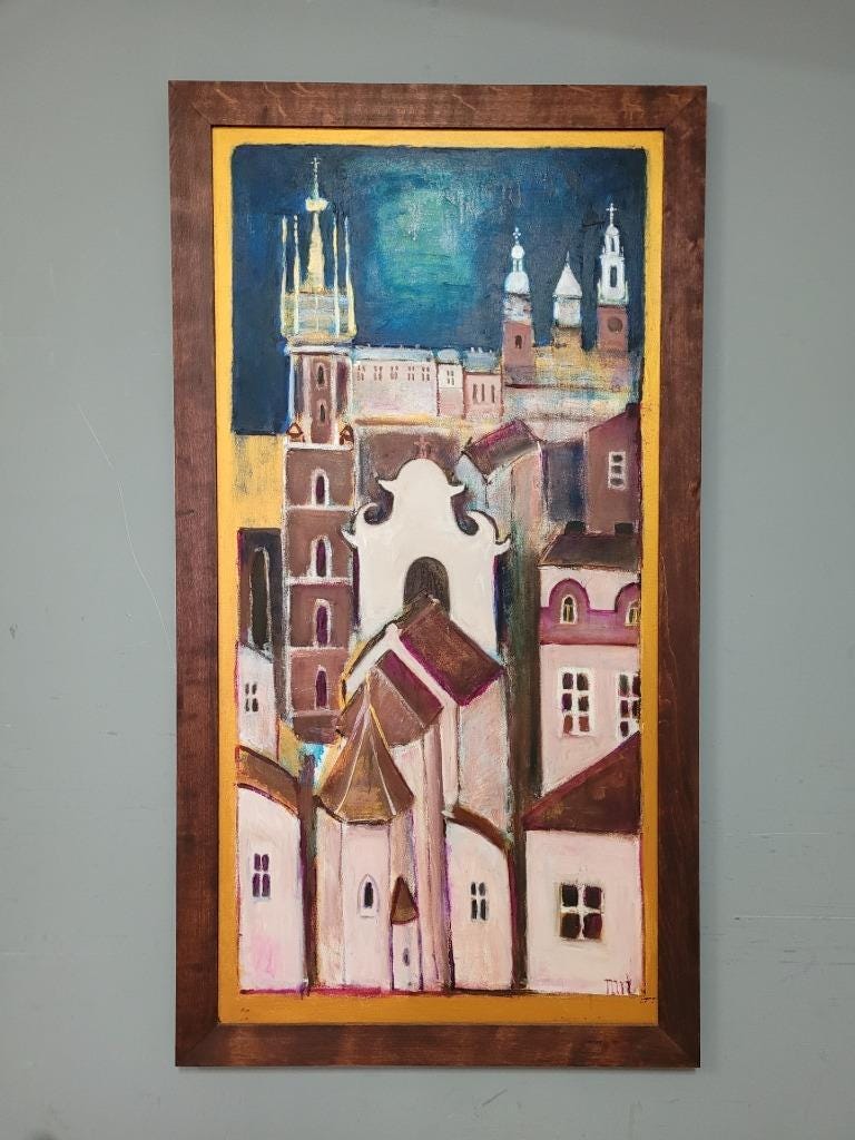 St Marys Basilica Church in Krakow Original Polish Abstract Oil Painting