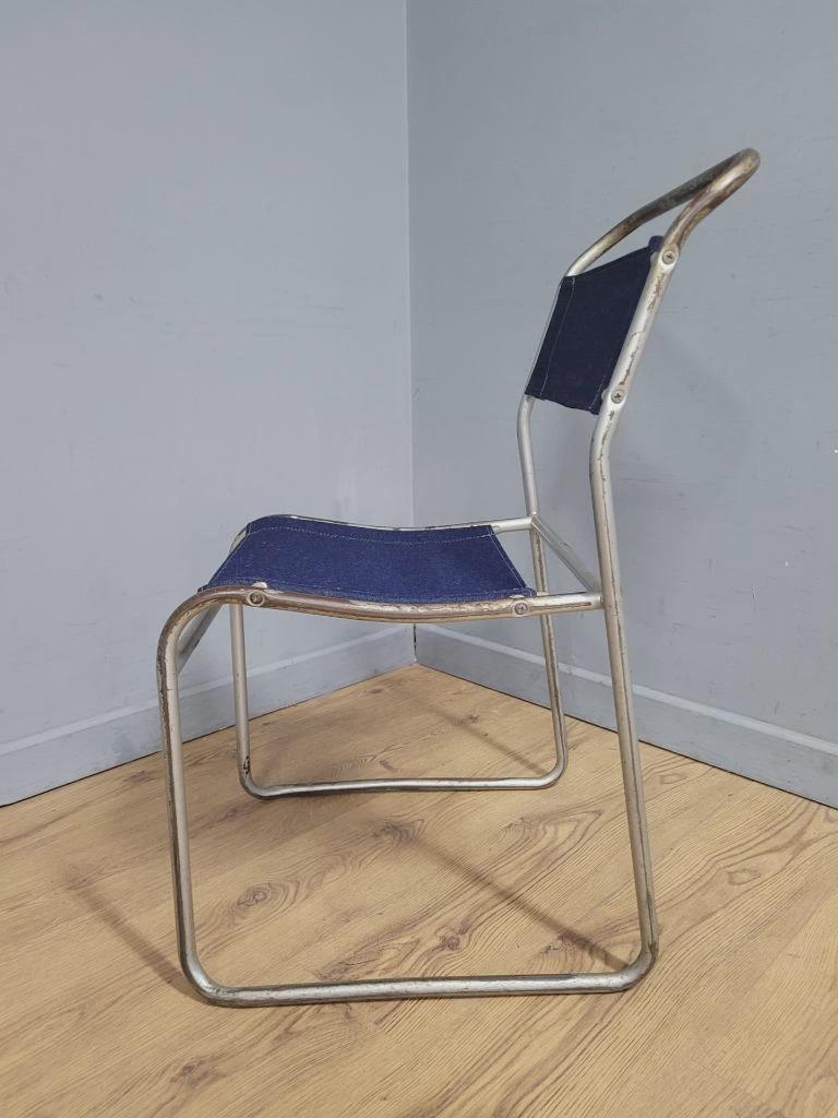 Four Pel Cox Tubular Metal Chairs Denim Seats Industrial Stacking Chairs MCM